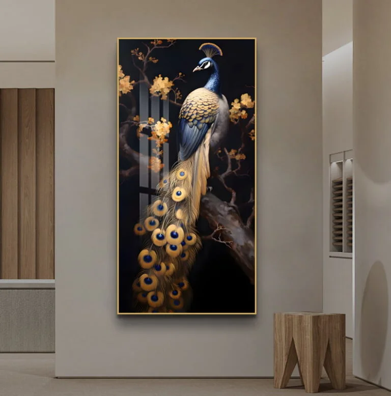 Luxury framed wall art featuring a peacock with golden feathers, perfect for modern home decor.