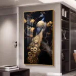 Luxury framed wall art featuring a peacock in a modern home setting.