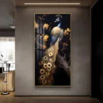 Luxury framed wall art featuring a peacock with golden accents, perfect for modern home decor.