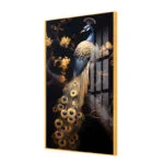 Elegant peacock wall art with gold accents in an aluminium frame.