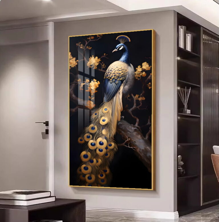 Luxury framed wall art featuring a peacock in a modern home setting.