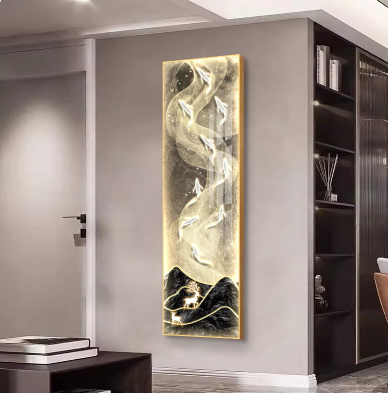 Modern illuminated wall art with abstract design in a luxury home setting.