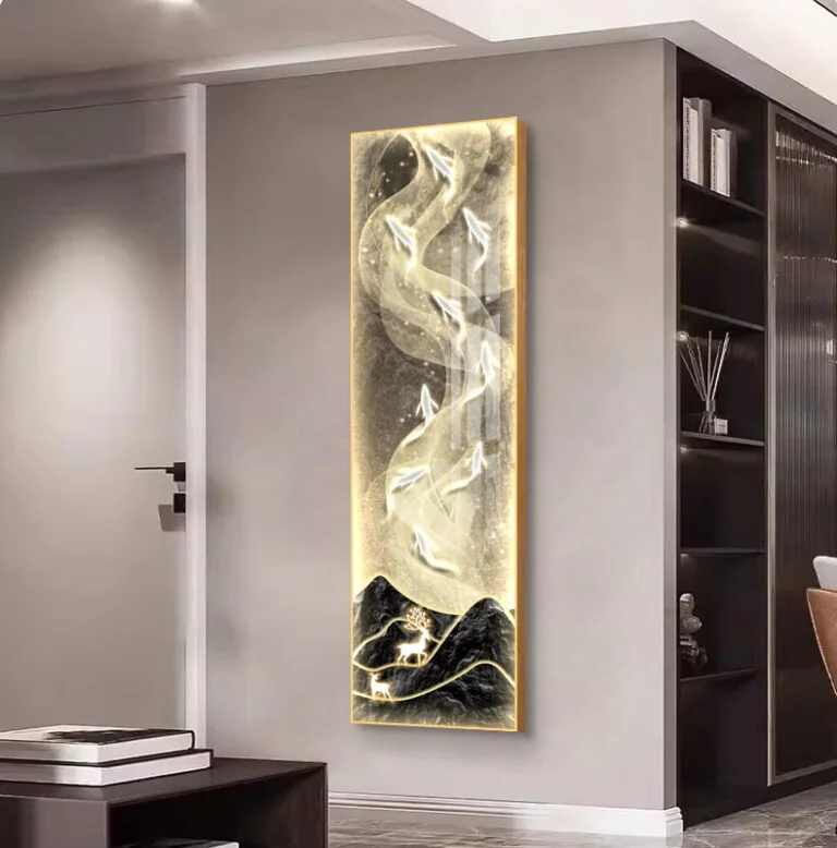 Modern illuminated wall art with abstract design in a luxury home setting.