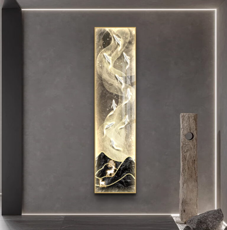 Modern illuminated wall art with abstract design in a luxury home setting.