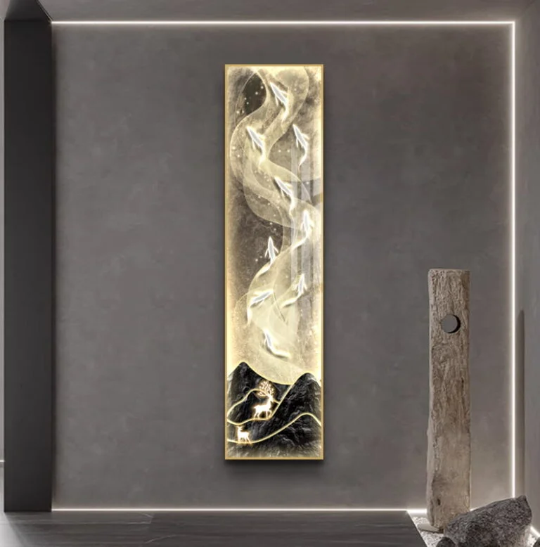Modern illuminated wall art with abstract design in a luxury home setting.