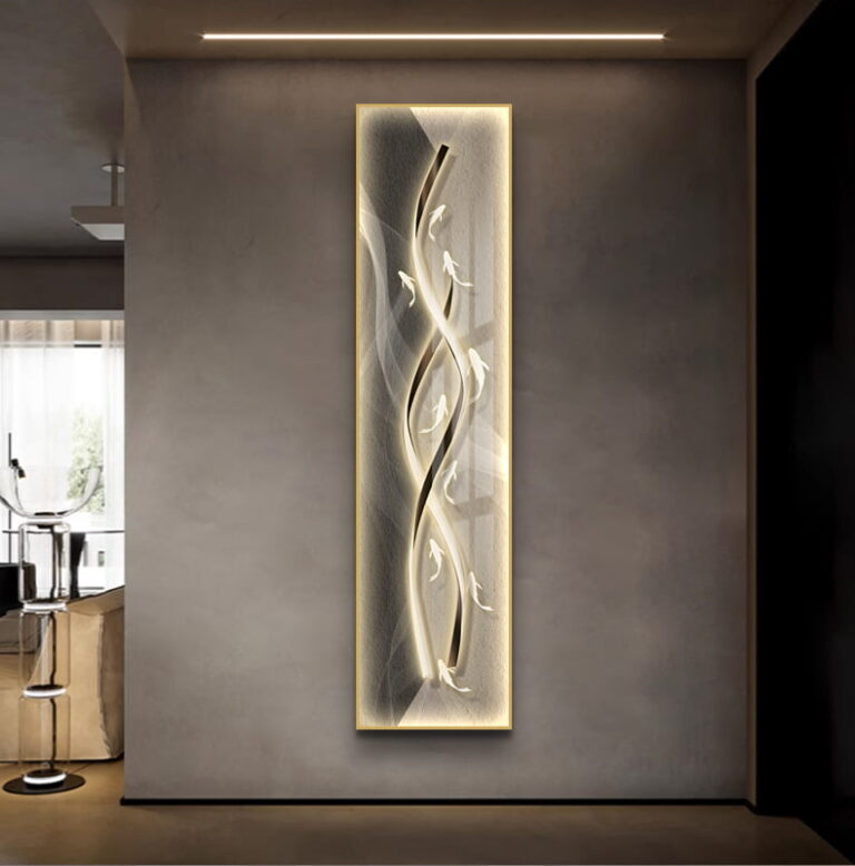 Modern illuminated wall art with abstract design in a luxury home setting.
