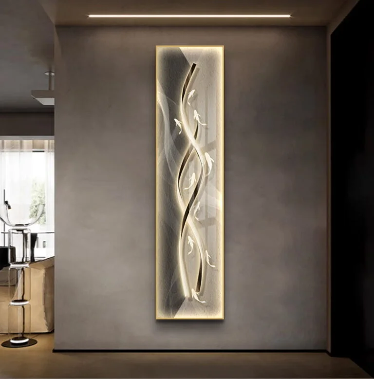 Modern illuminated wall art with abstract design in a luxury home setting.