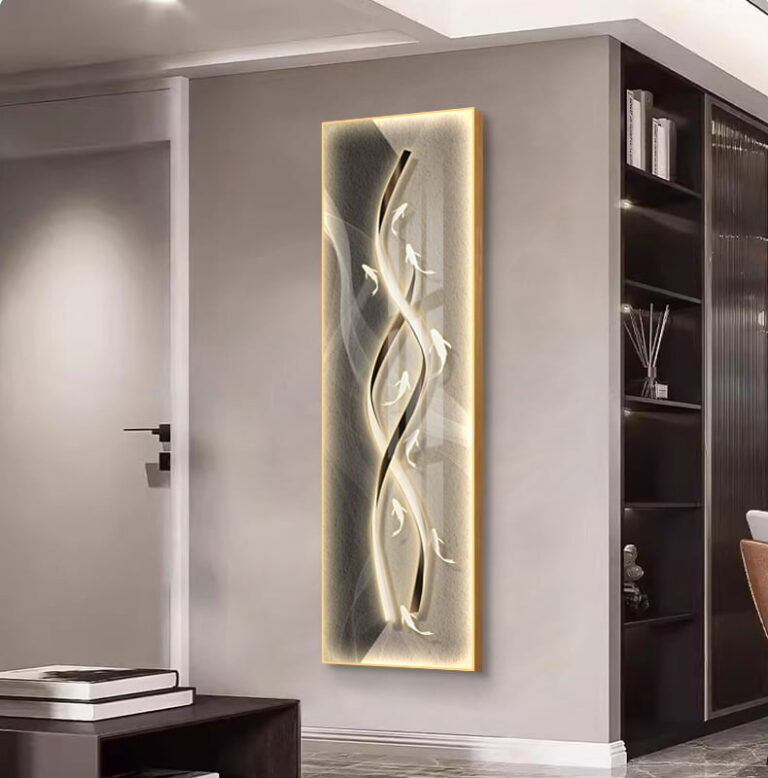 Modern illuminated wall art with abstract design in a luxury home setting.