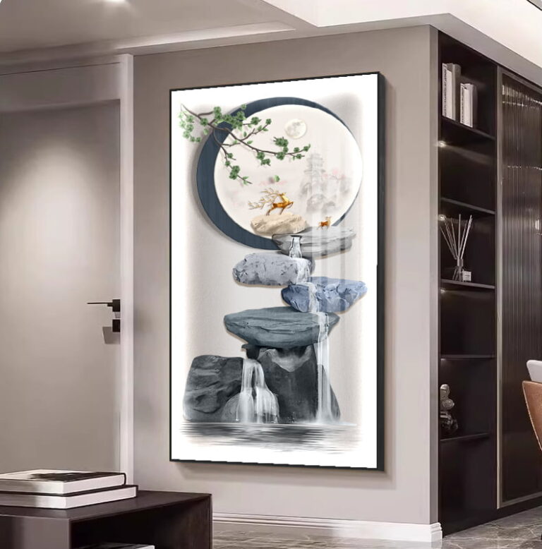 Modern framed wall art with nature scene and waterfall in a luxury home setting.