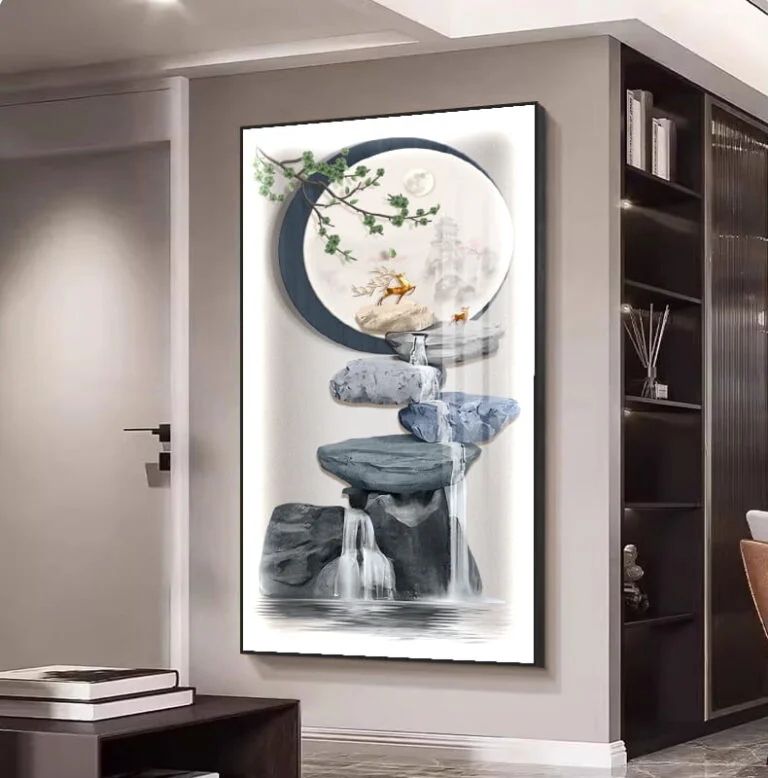 Modern framed wall art with nature scene and waterfall in a luxury home setting.