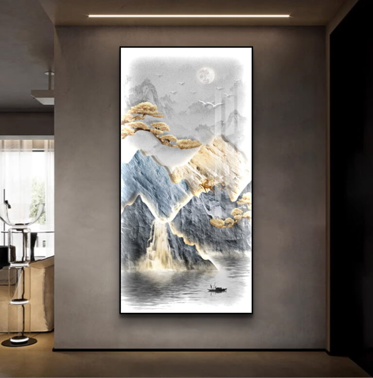 Modern framed wall art with mountain and moon design in a luxury home setting.