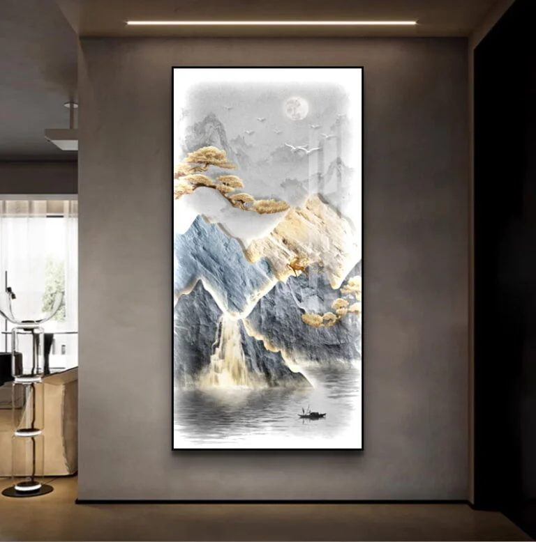 Modern framed wall art with mountain and moon design in a luxury home setting.