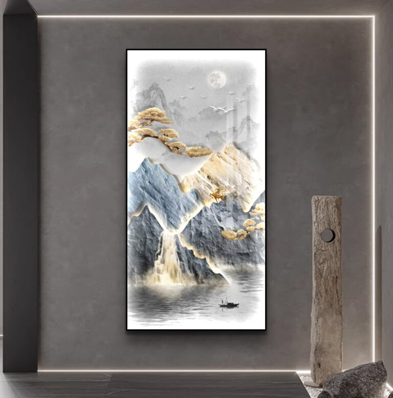 Modern framed wall art with mountain and moon design, ideal for luxury home decor.