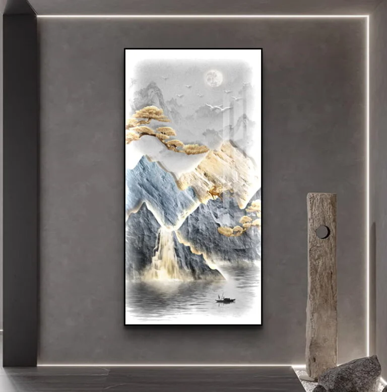 Modern framed wall art with mountain and moon design, ideal for luxury home decor.