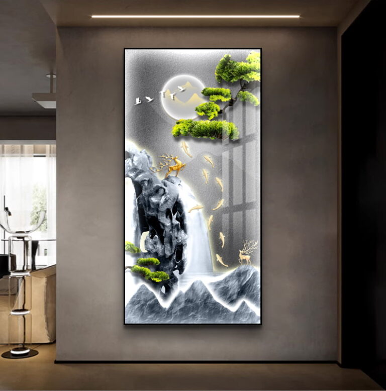 Modern illuminated wall art with nature scene and LED lighting in a luxury home setting.
