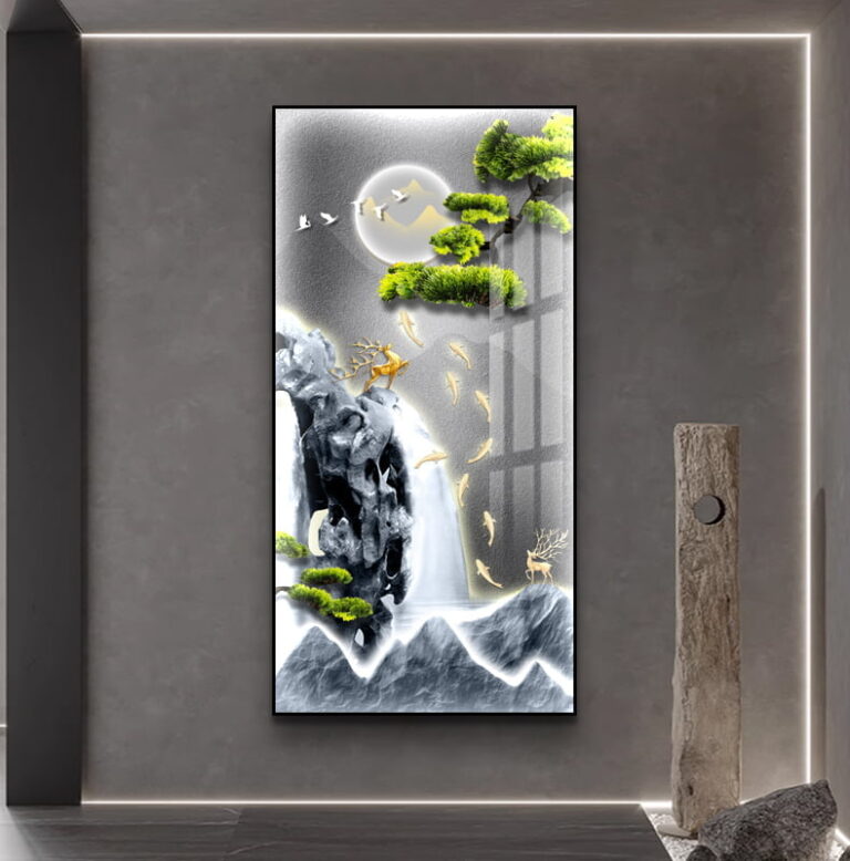 Modern illuminated wall art with nature scene and deer, framed in aluminium.