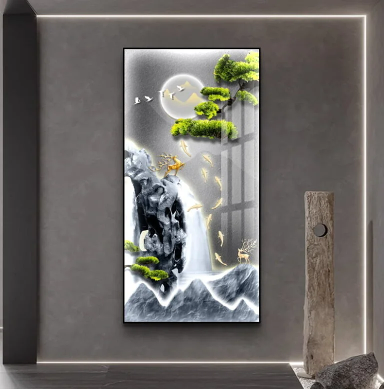 Modern illuminated wall art with nature scene and deer, framed in aluminium.
