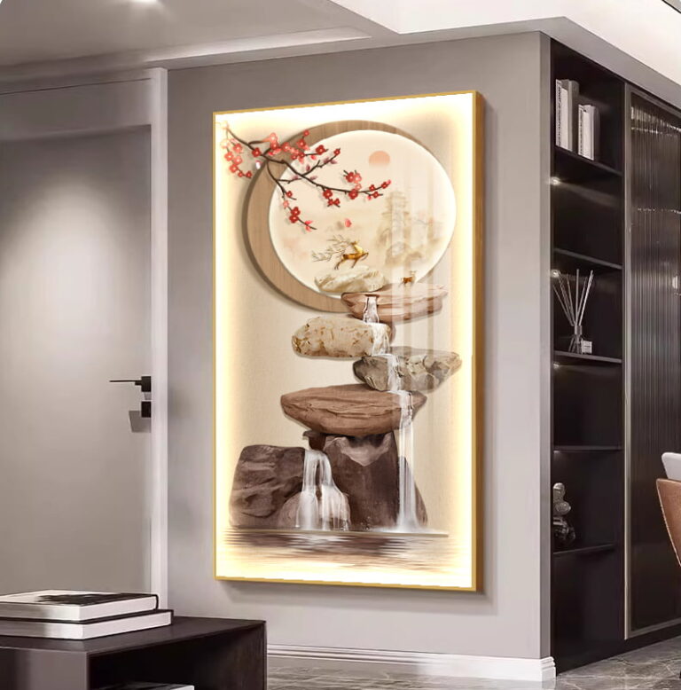 Illuminated modern wall art with nature scene and LED lighting in a luxury home setting.