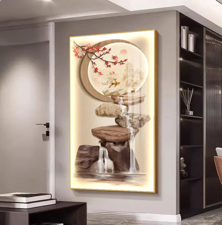 Illuminated modern wall art with nature scene and LED lighting in a luxury home setting.