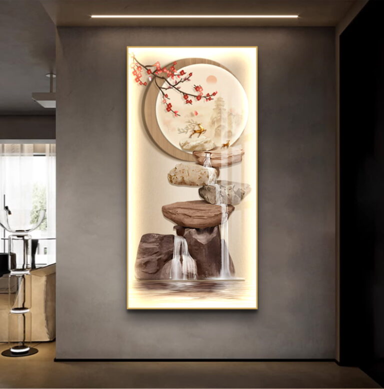 Illuminated modern wall art with nature scene and LED lighting in a luxury home setting.