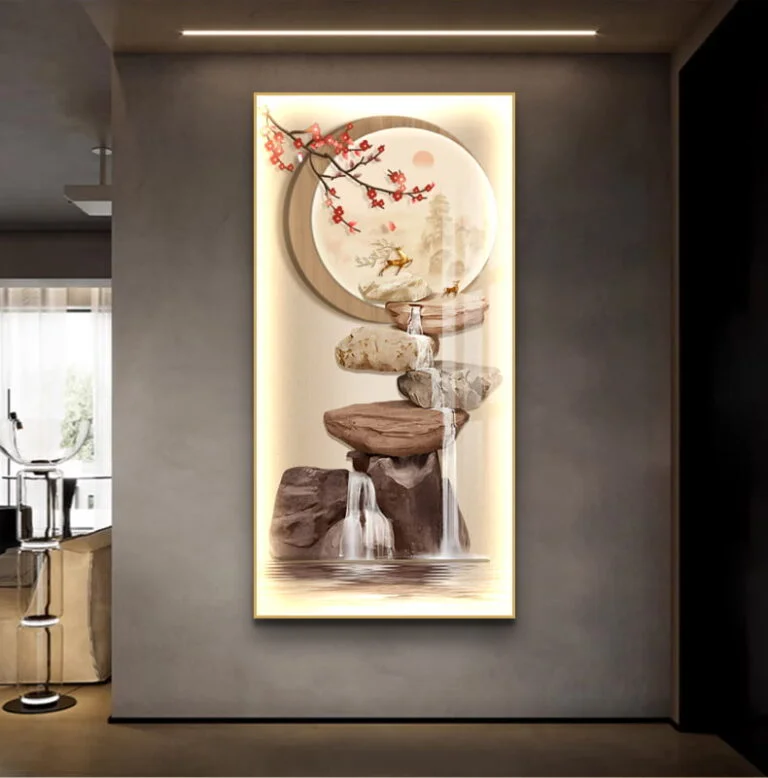 Illuminated modern wall art with nature scene and LED lighting in a luxury home setting.
