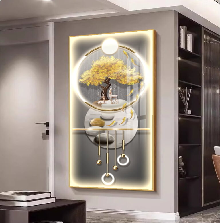 Illuminated modern wall art with tree and abstract design in a luxury home setting.