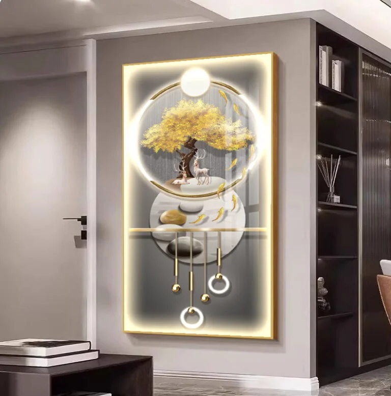 Illuminated modern wall art with tree and abstract design in a luxury home setting.