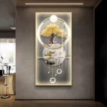 Illuminated modern wall art with tree and abstract design in a luxury home setting.