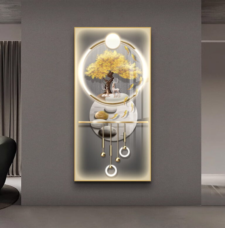 Modern illuminated wall art with tree design and gold accents in a luxury home setting.