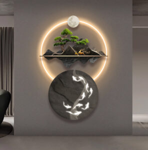 Modern illuminated wall art with mountain and moon design, featuring LED lighting and decorative elements.
