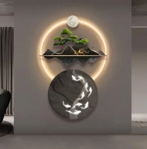 Modern illuminated wall art with mountain and moon design, featuring LED lighting and decorative elements.