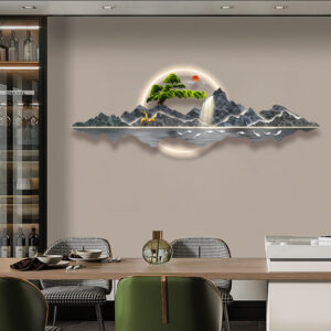 Modern LED wall art with mountain landscape and illuminated accents in a luxury dining room.