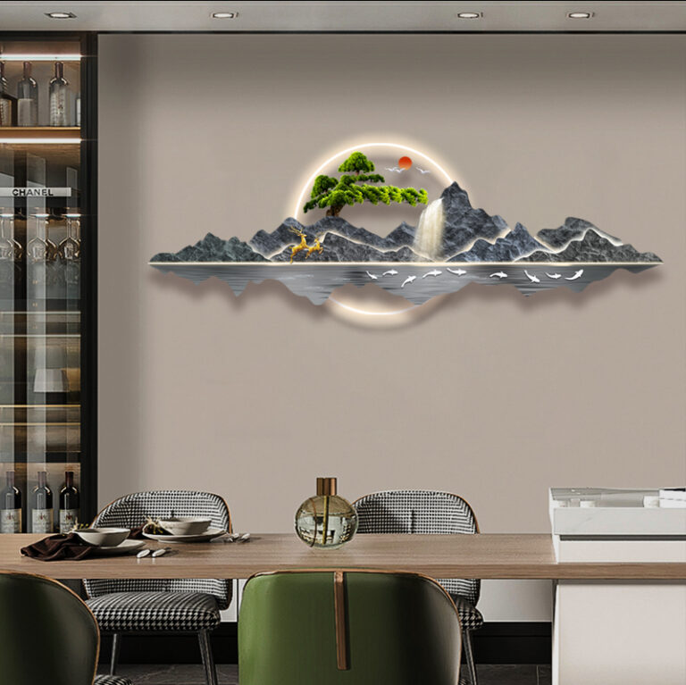 Modern LED wall art with mountain landscape and illuminated accents in a luxury dining room.