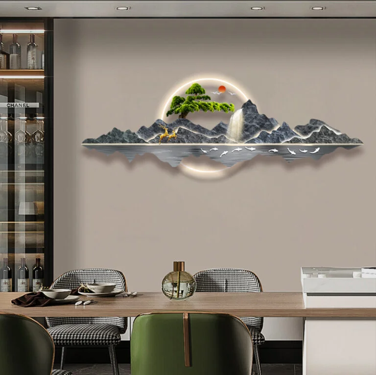 Modern LED wall art with mountain landscape and illuminated accents in a luxury dining room.
