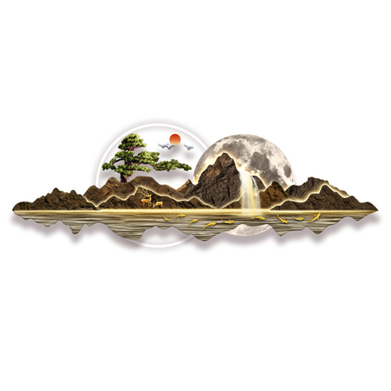 Modern illuminated wall art with mountain and tree design, featuring LED lighting.