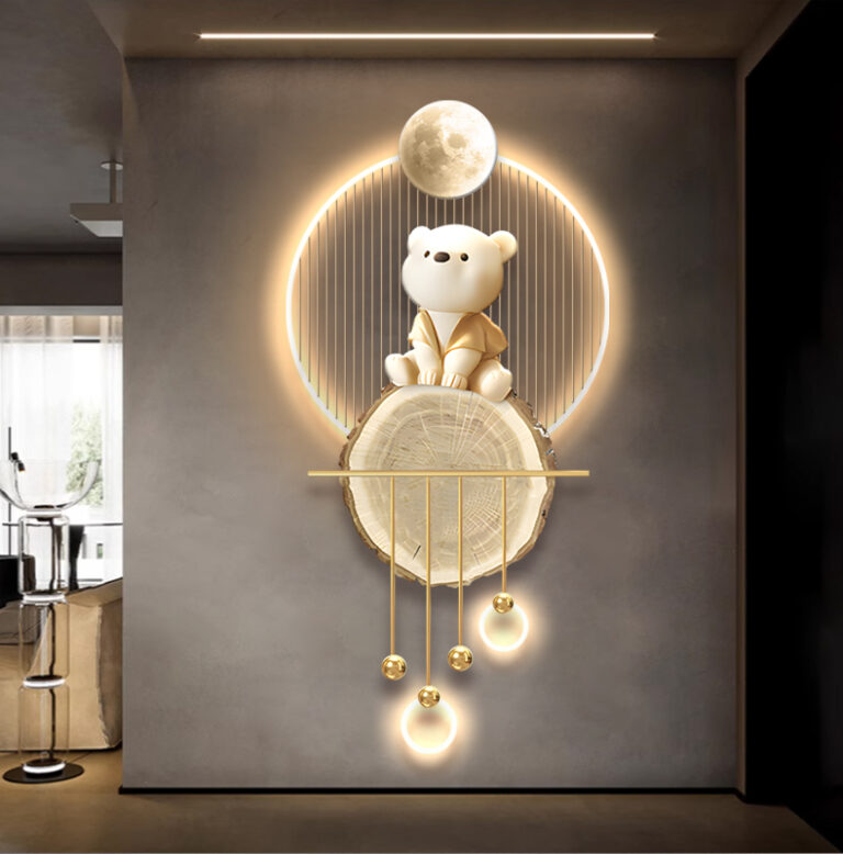 Illuminated wall art with bear sculpture and moon design, modern luxury home decor.
