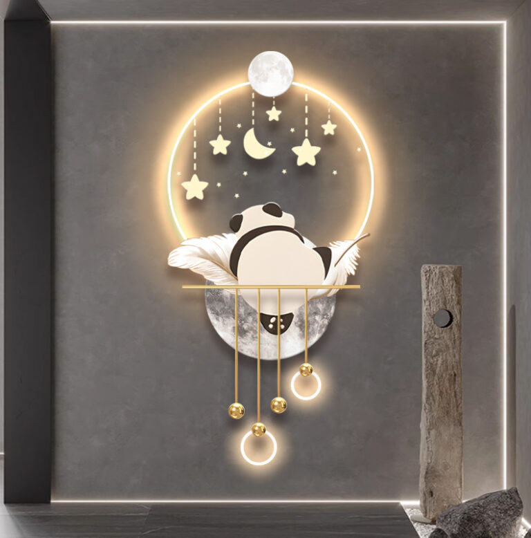 Modern illuminated wall art with a panda and celestial design, featuring LED lighting and decorative elements.