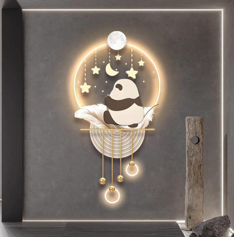 Illuminated wall art with a panda, moon, and stars, featuring modern LED design.
