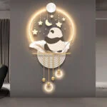 Modern illuminated wall art with a panda and celestial design, featuring LED lights and decorative elements.