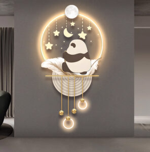 Modern illuminated wall art with a panda and celestial design, featuring LED lights and decorative elements.