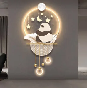 Modern illuminated wall art with a panda and celestial design, featuring LED lights and decorative elements.
