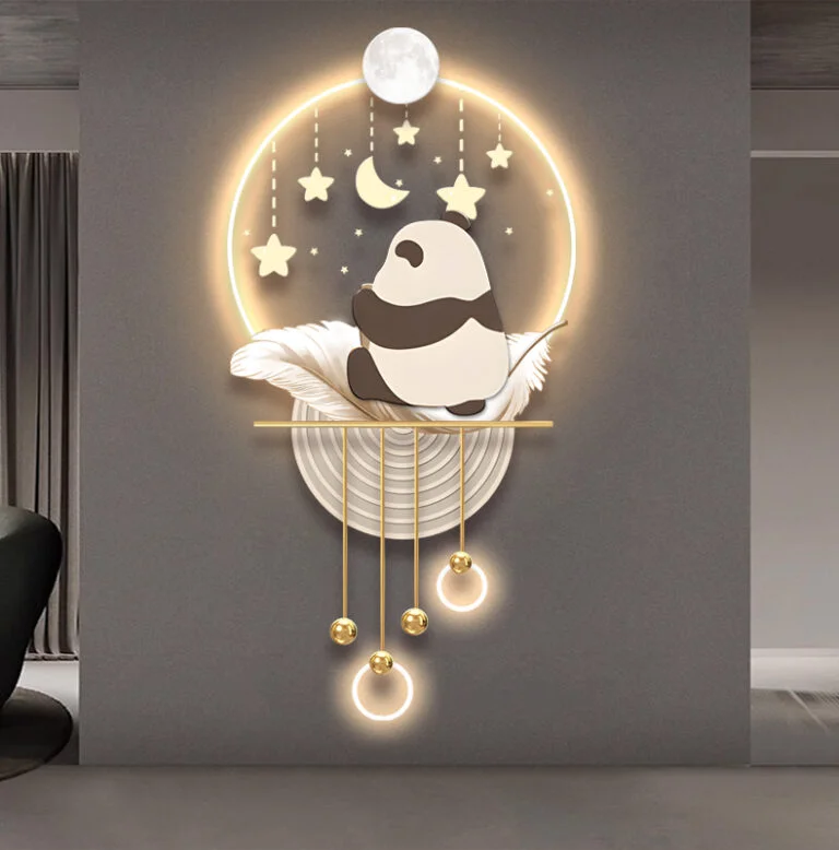 Modern illuminated wall art with a panda and celestial design, featuring LED lights and decorative elements.