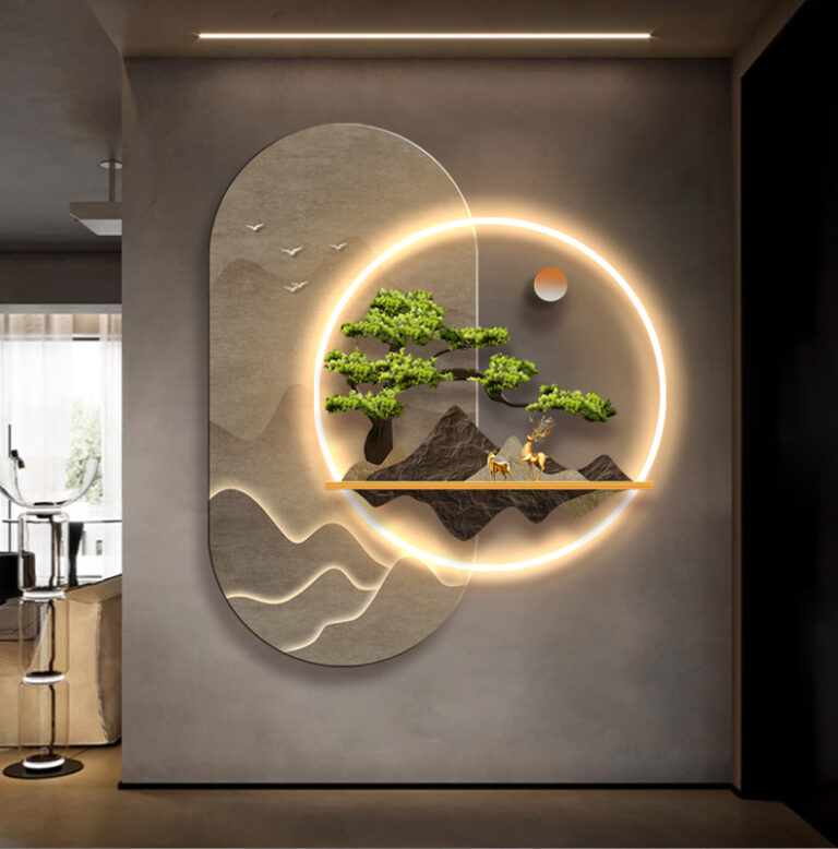 Modern LED wall art with illuminated landscape and trees, perfect for luxury home decor.