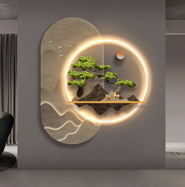 Modern LED illuminated wall art with nature scene and circular design.