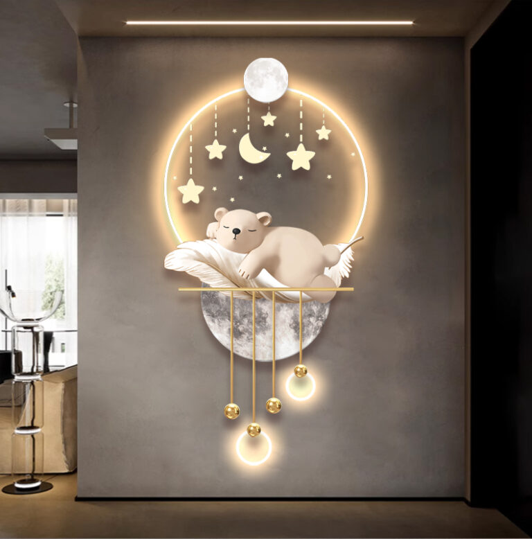 Illuminated wall art with a bear and celestial design, perfect for modern home decor.