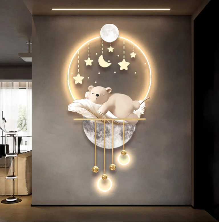 Illuminated wall art with a bear and celestial design, perfect for modern home decor.