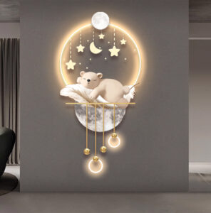 LED illuminated wall art with a bear and stars, perfect for modern nursery decor.