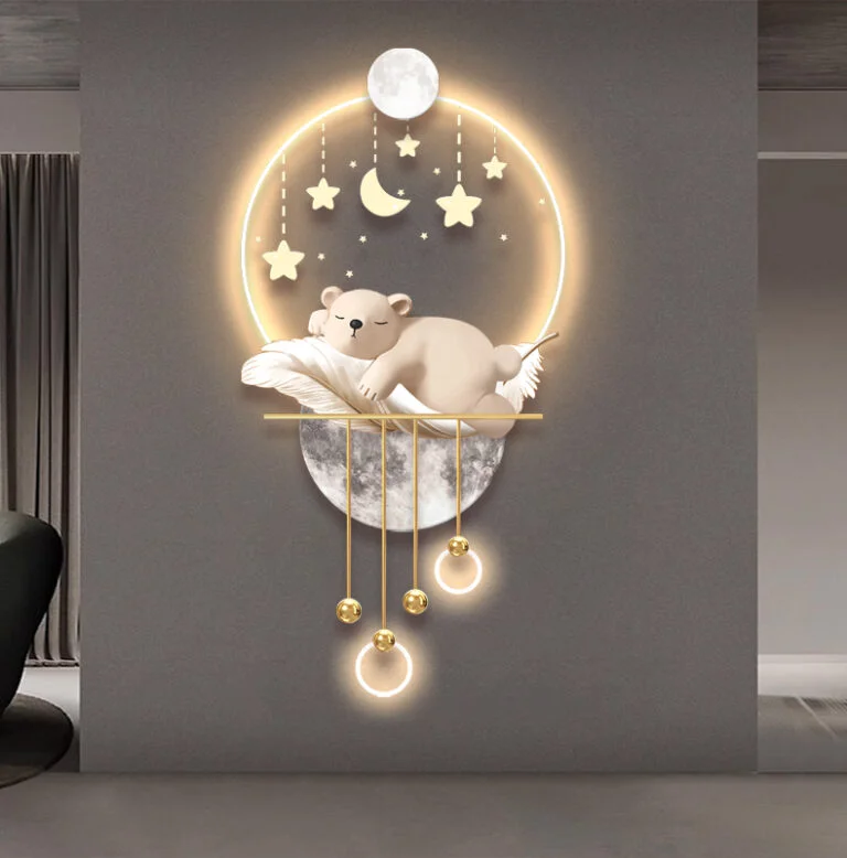 LED illuminated wall art with a bear and stars, perfect for modern nursery decor.