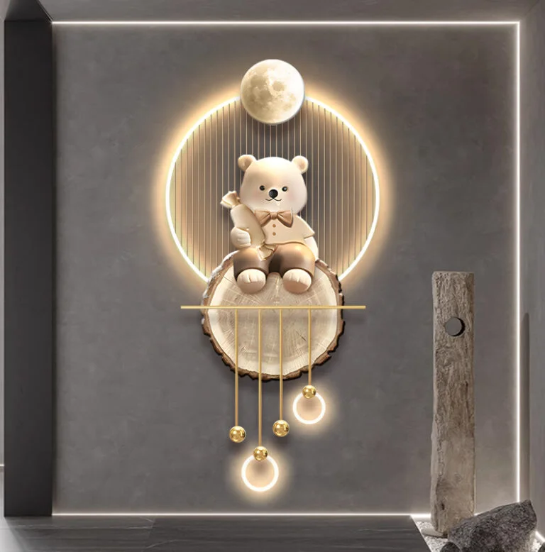 Modern illuminated wall art with a bear and moon design, featuring LED lights and luxury decor elements.