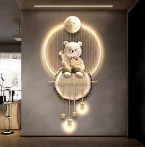 Illuminated wall art with a teddy bear and moon design, featuring modern and luxury home decor elements.